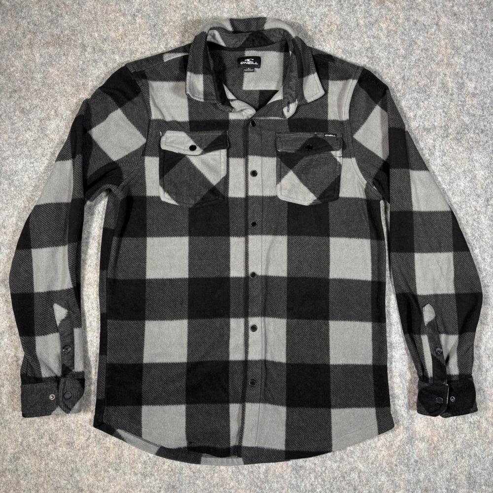 O'Neill Fleece Button Up Shirt Mens M Grey Black‎ Buffalo Plaid Surfwear Surf